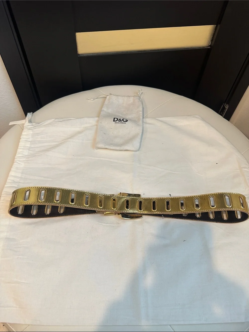 Authentic D&G Dolce & Gabbana Metallic Gold Belt – Logo Buckle